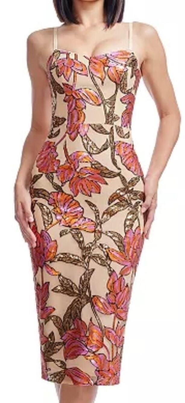 Dress the Population Beige Floral Bodycon Midi Dress with Pink & Orange Blooms